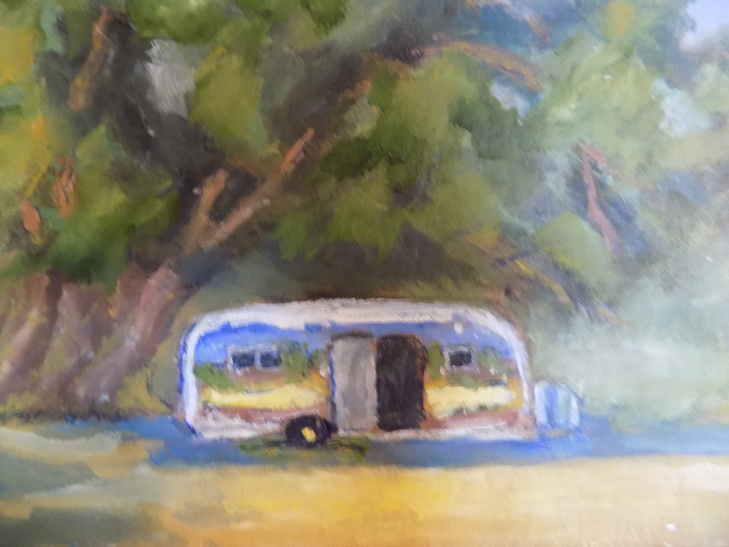 close up painting of travel trailer parked under tree for the love of art